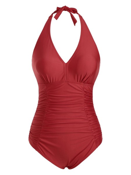 Backless Halter Ruched Tummy Control One-piece Swimsuit