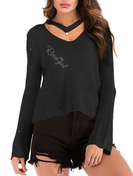 Beading Choker Ripped Flare Sleeve Sweater