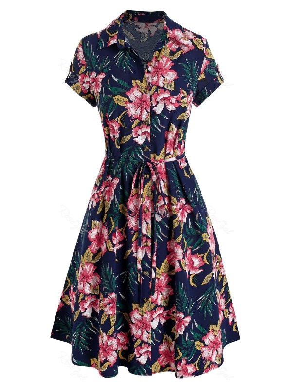 Belted Tropical Flower Print Shirt Dress