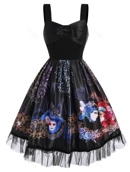 Bowknot Floral Face Fireworks Print Lace Panel Dress
