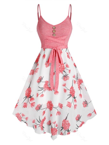 Button Criss Cross Flower Printed Slip Dress