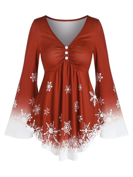 Buttons Snowflake Printed V Neck T Shirt