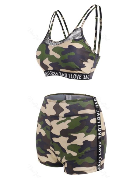 Camouflage Love Tape Fishnet Panel Boyshorts Tankini Swimwear