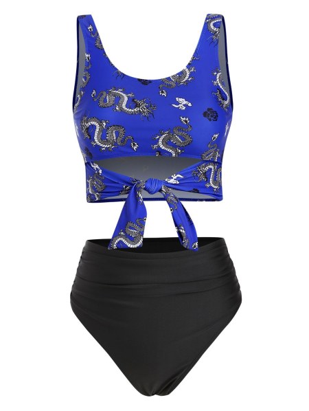 Chinese Dragon Print Knot Cutout Ruched Tankini Swimwear