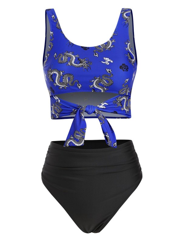 Chinese Dragon Print Knot Cutout Ruched Tankini Swimwear