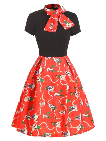 Christmas Bow Tie Funny Dog Print A Line Dress