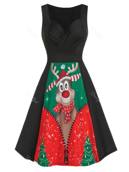 Christmas Elk Printed Flare Dress