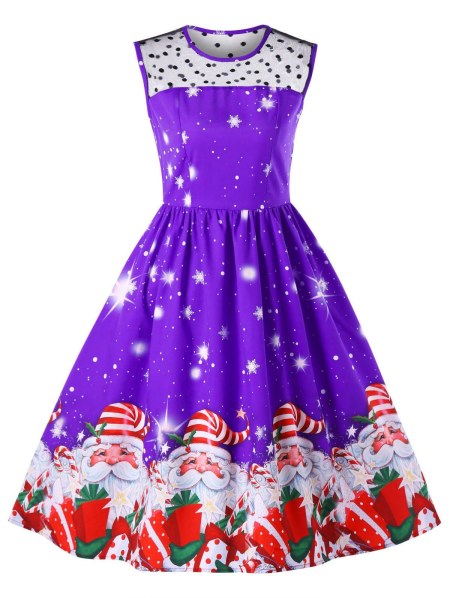 Christmas Mesh Insert Santa Claus Print Dress