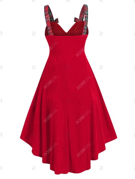 Christmas Plaid Print Bowknot Detail High Low Velour Dress
