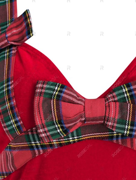 Christmas Plaid Print Bowknot Detail High Low Velour Dress