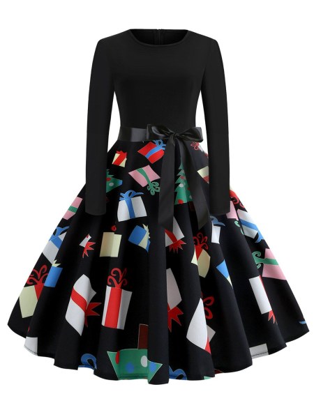 Christmas Printed Fit And Flare Long Sleeve Dress