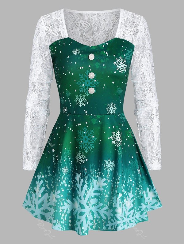 Christmas Snowflake Mock Button Lace Insert T Shirt