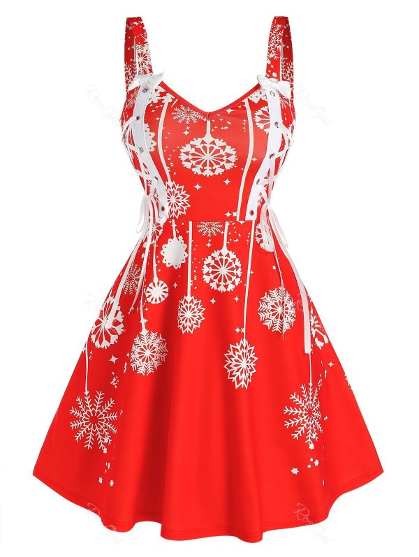 Christmas Snowflake Print Sleeveless Lace-up Dress