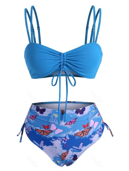 Cinched Ribbed Butterfly Print High Waisted Bikini Swimwear