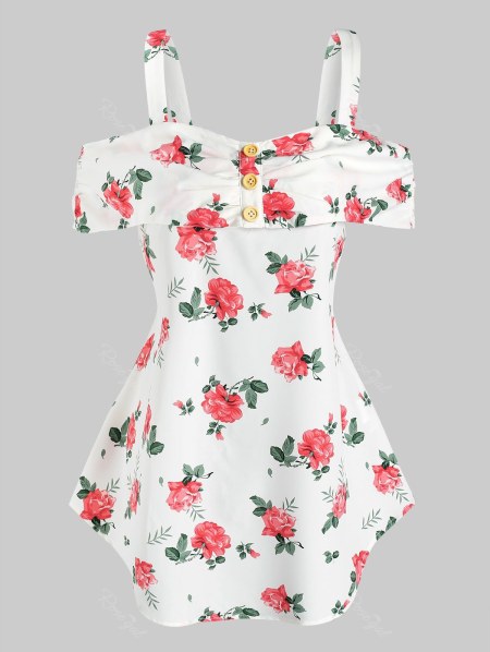 Cold Shoulder Floral Print Flounce T-shirt