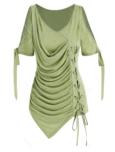 Cold Shoulder Lace-up Asymmetrical Ruched T-shirt