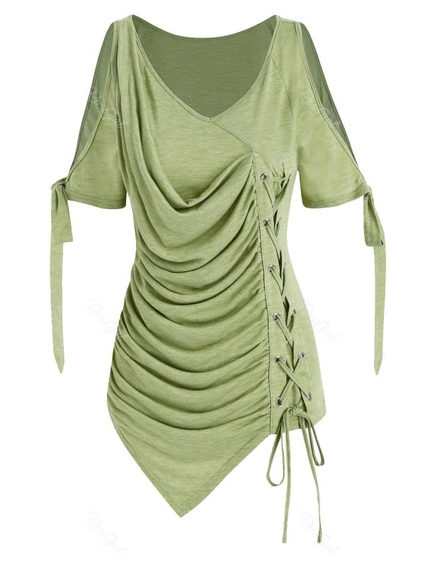 Cold Shoulder Lace-up Asymmetrical Ruched T-shirt