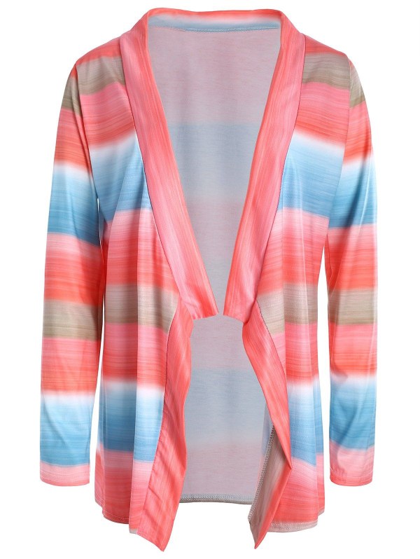 Collarless Long Sleeve Color Block Asymmetrical Knit Cardigan