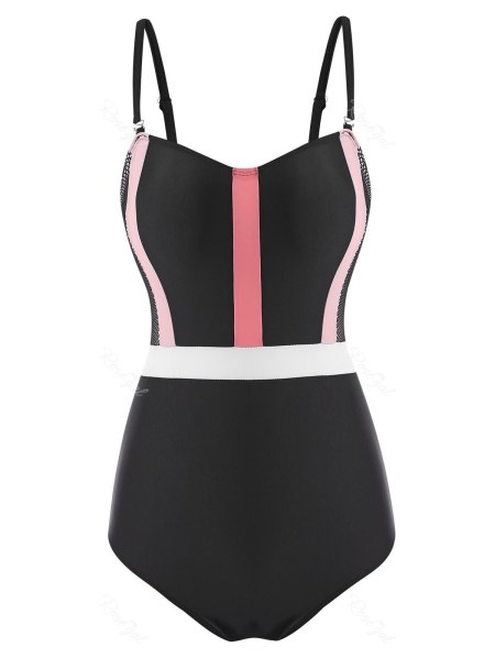 Colorblock Striped Fishnet Insert One-piece Swimsuit