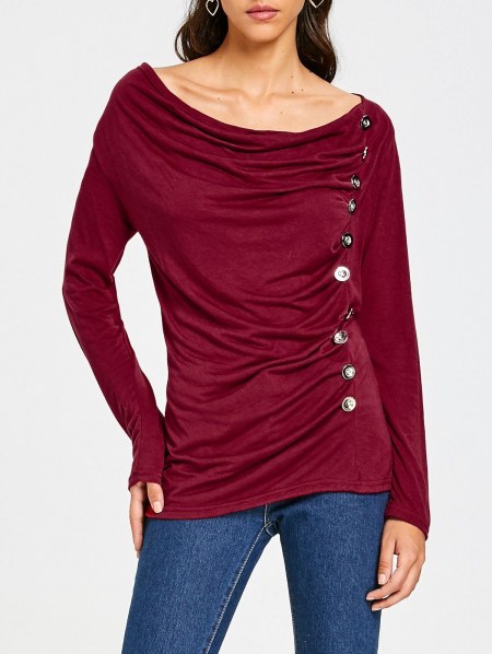 Cowl Neck Long Sleeve Button Embellished Blouse For Women