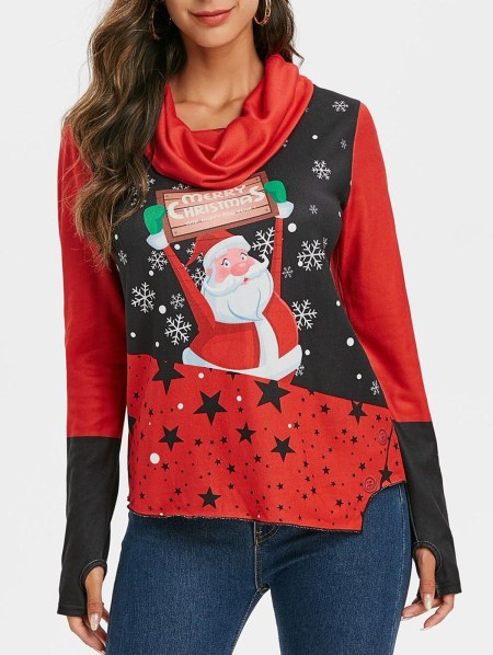 Cowl Neck Santa Claus Asymmetric Christmas Knitwear