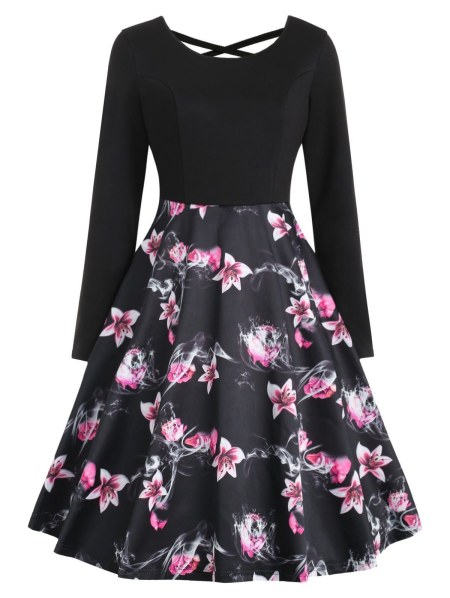 Criss Cross Floral Print Swing Dress