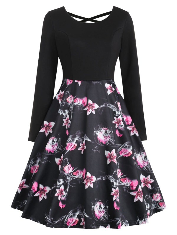 Criss Cross Floral Print Swing Dress