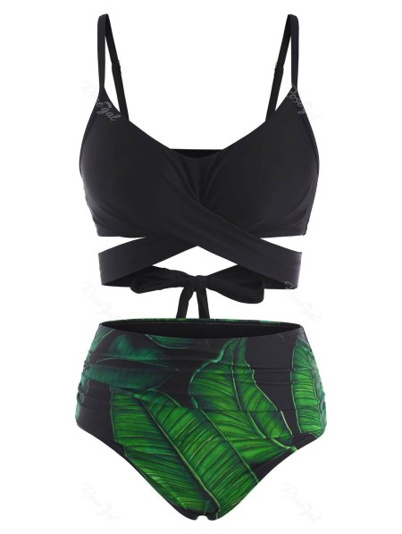 Criss Cross Tropical Leaf Tummy Control Bikini Swimwear