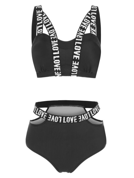 Cut Out Letter Print Padded Bikini Set
