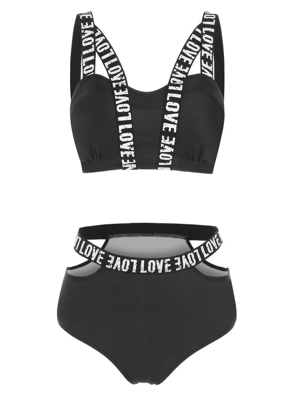 Cut Out Letter Print Padded Bikini Set