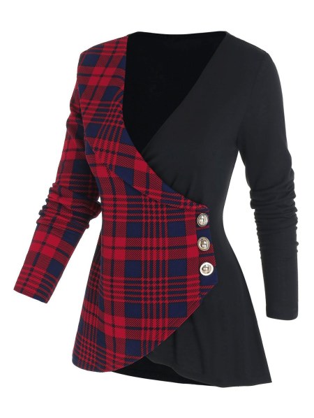 Deep V Neck Checked Panel Button Surplice T Shirt