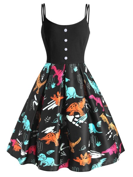 Dinosaur Print Button Embellished High Waisted Dress
