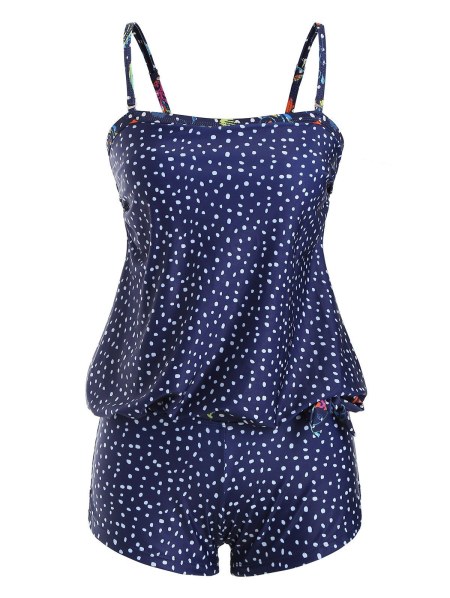 Ditsy Polka Dot Knotted Boyleg Blouson Tankini Swimwear
