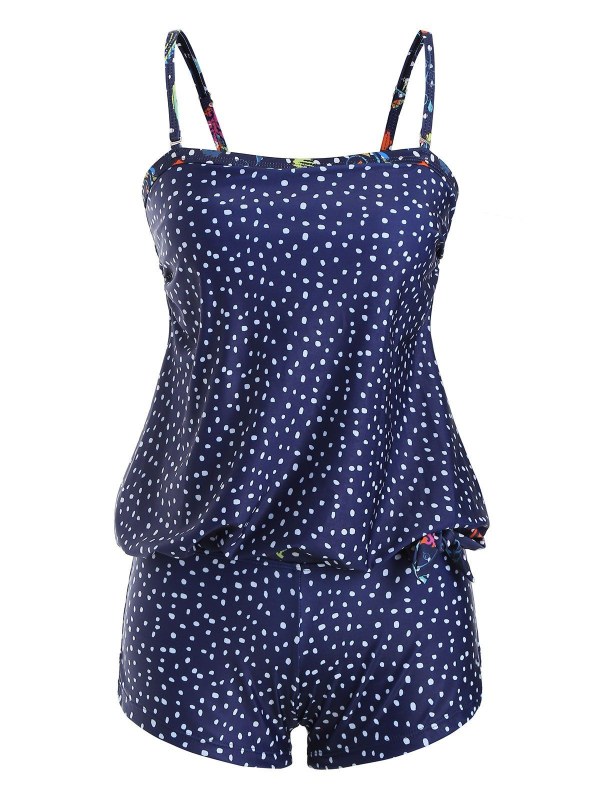 Ditsy Polka Dot Knotted Boyleg Blouson Tankini Swimwear