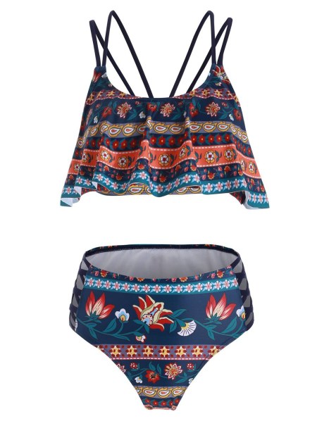 Ditsy Print Lattice Crisscross Flounce Bikini Swimsuit