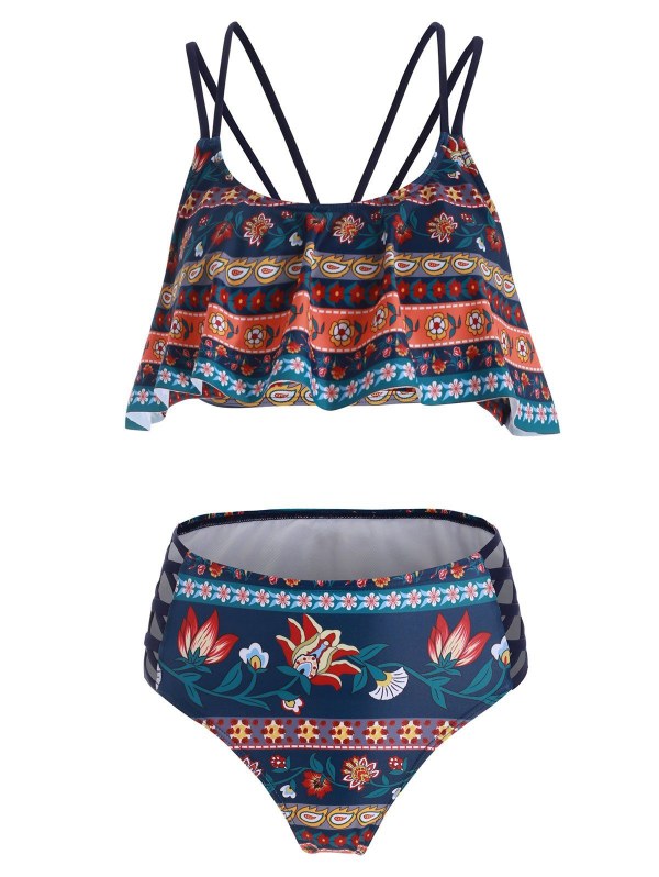 Ditsy Print Lattice Crisscross Flounce Bikini Swimsuit