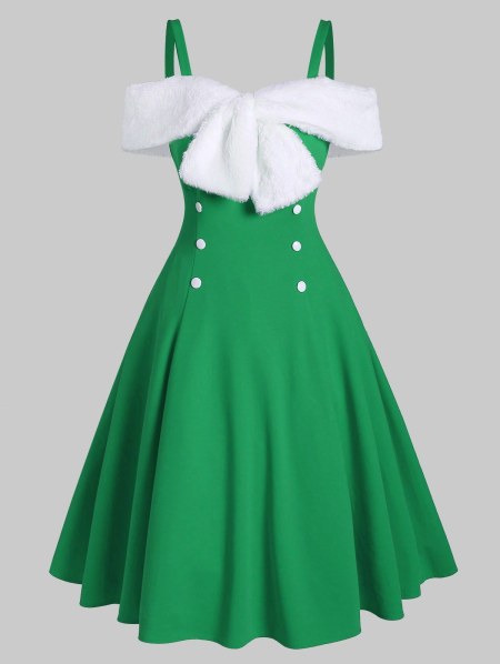Faux Fur Panel Bowknot Open Shoulder Party Dress