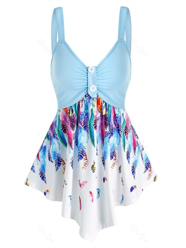 Feather Print Point Hem Ruched Tank Top