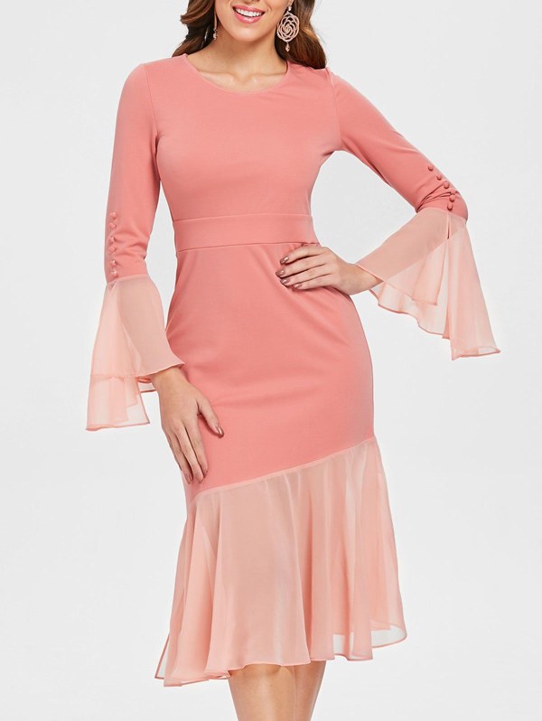 Flare Sleeve Chiffon Panel Bodycon Dress