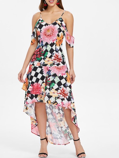 Floral And Checked Pattern Cold Shoulder Dress