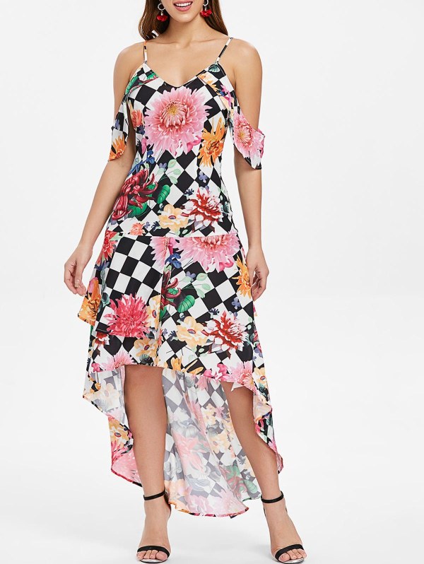 Floral And Checked Pattern Cold Shoulder Dress