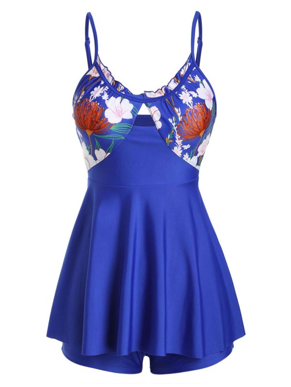 Floral Panel Frilled Boyshorts Tankini Swimwear