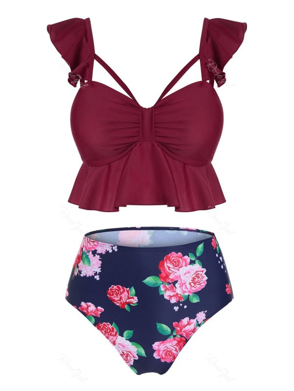 Floral Print Flounce Padded Tankini Set