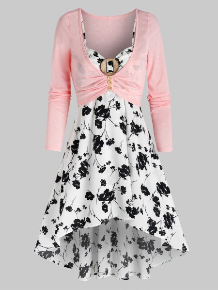 Floral Print High Low Dress And Top Set