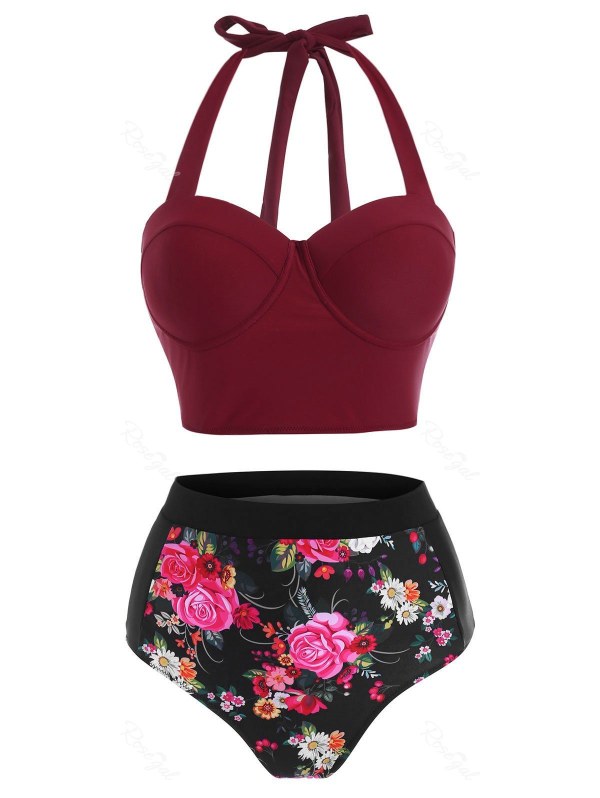 Floral Print Lace Up Push Up Halter Tankini Swimwear