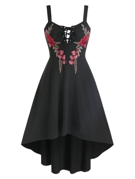 Flower Embroidered Lace-up High Low Dress