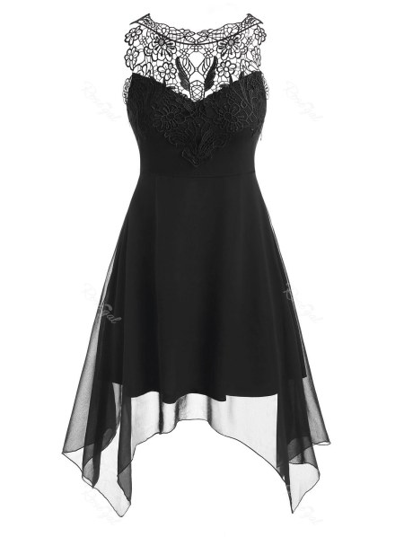 Flower Guipure Panel Sleeveless Handkerchief Dress