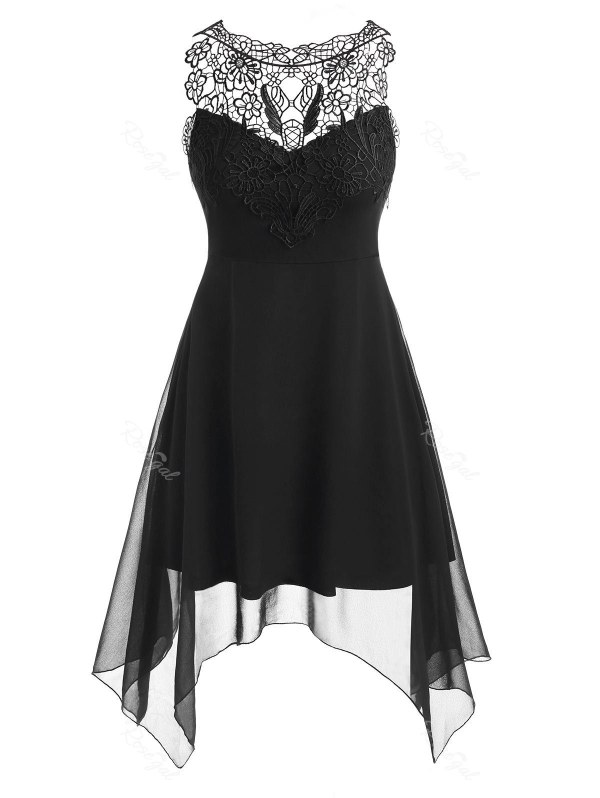 Flower Guipure Panel Sleeveless Handkerchief Dress