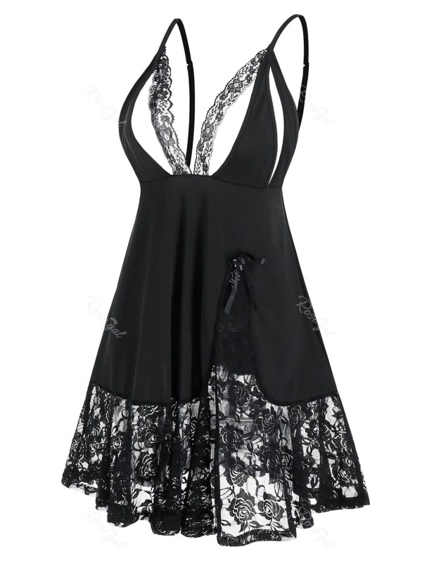 Flower Lace Insert Spaghetti Strap Bowknot Babydoll