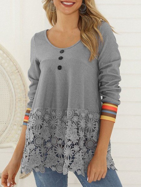 Flower Lace Panel Mock Button Striped T-shirt
